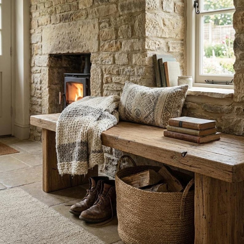 Puede incluir: Un banco de madera r&uacute;stico con una manta tejida, un coj&iacute;n estampado y libros apilados. Una cesta de le&ntilde;a y un par de botas de cuero marr&oacute;n se encuentran debajo. Una chimenea con fuego encendido en el fondo.