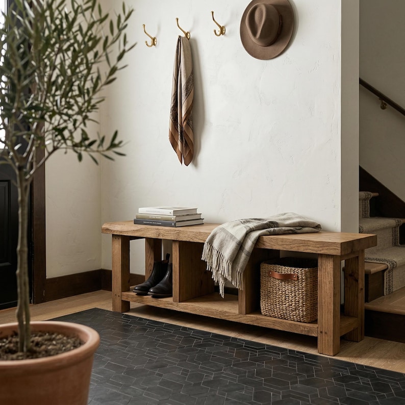 Puede incluir: Un banco de entrada de madera con compartimentos de almacenamiento, que contiene libros, una cesta de mimbre y una manta doblada. Una bufanda y un sombrero cuelgan de la pared de arriba. Botas negras en el estante inferior del banco.