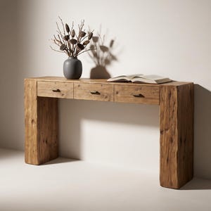 Peut inclure: Une console rectangulaire en bois brun clair au grain apparent, dotée de trois tiroirs horizontaux avec de fines poignées en métal. Un vase gris foncé contenant des gousses de lotus séchées et un livre ouvert reposent sur le plateau.