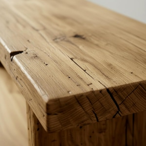 Puede incluir: Primer plano de una mesa de madera r&uacute;stica. La madera de color marr&oacute;n claro tiene vetas, nudos y grietas visibles, lo que le da un aspecto texturizado &uacute;nico. El borde de la mesa es redondeado y la superficie est&aacute; ligeramente inclinada.