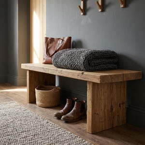 Puede incluir: Un banco de madera r&uacute;stico con una manta gris tejida, un bolso tote de cuero marr&oacute;n y una cesta de mimbre. Botas de cuero marr&oacute;n debajo del banco. El banco es de madera marr&oacute;n claro y est&aacute; contra una pared gris.