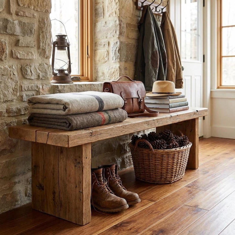 Puede incluir: Un banco de madera r&uacute;stico con mantas dobladas, una cartera de cuero y una cesta de mimbre llena de pi&ntilde;as. Botas de cuero marr&oacute;n debajo del banco. Una linterna y abrigos cuelgan cerca.
