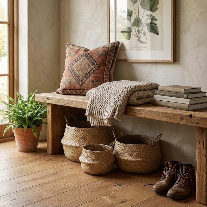 Puede incluir: Un interior acogedor con un banco de madera con un coj&iacute;n estampado y una manta beige doblada. Cestas tejidas de varios tama&ntilde;os est&aacute;n en el suelo. Un helecho en maceta y una impresi&oacute;n bot&aacute;nica completan la escena.