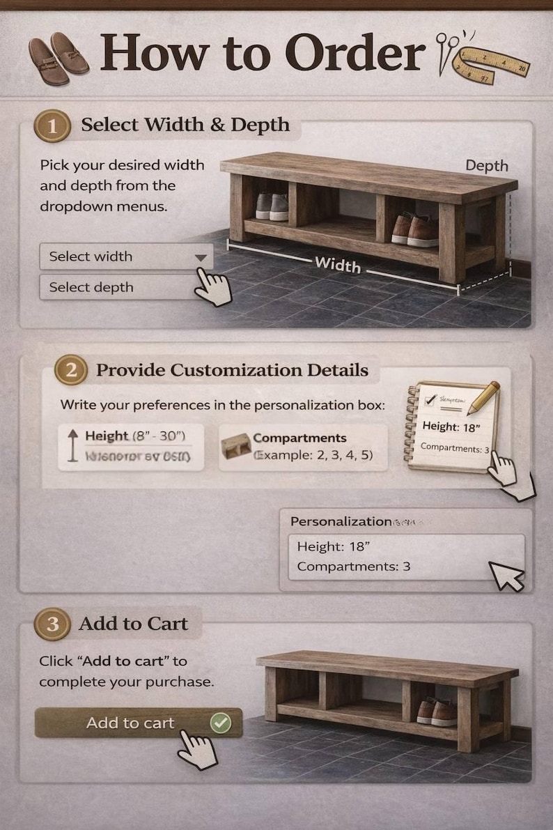 Puede incluir: Gu&iacute;a paso a paso para pedir un banco zapatero de madera. Instrucciones: seleccionar ancho y profundidad, proporcionar detalles de personalizaci&oacute;n (altura 20-76 cm) y a&ntilde;adir al carrito.