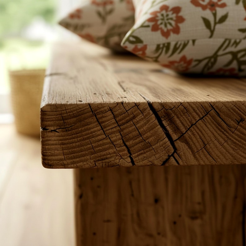 Puede incluir: Primer plano de un banco de madera r&uacute;stico con vetas y grietas visibles. Dos cojines decorativos con estampados florales descansan sobre el banco. El banco tiene un aspecto natural y envejecido, lo que sugiere que est&aacute; hecho de madera recuperada.