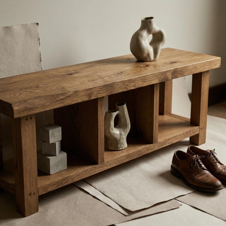 Puede incluir: Banco de madera con acabado natural, con una balda inferior y dos jarrones decorativos. Dos pares de zapatos de cuero marr&oacute;n est&aacute;n colocados en el suelo. El banco mide aproximadamente 122 cm de largo.