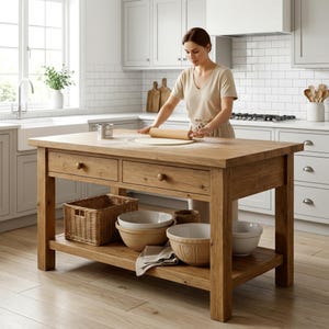 Peut inclure: Un îlot de cuisine rectangulaire en bois doté de deux tiroirs et d'une étagère inférieure. L'îlot contient un panier en osier tressé, deux grands bols mélangeurs en céramique et un linge plié. La surface en bois sert à étaler la pâte.