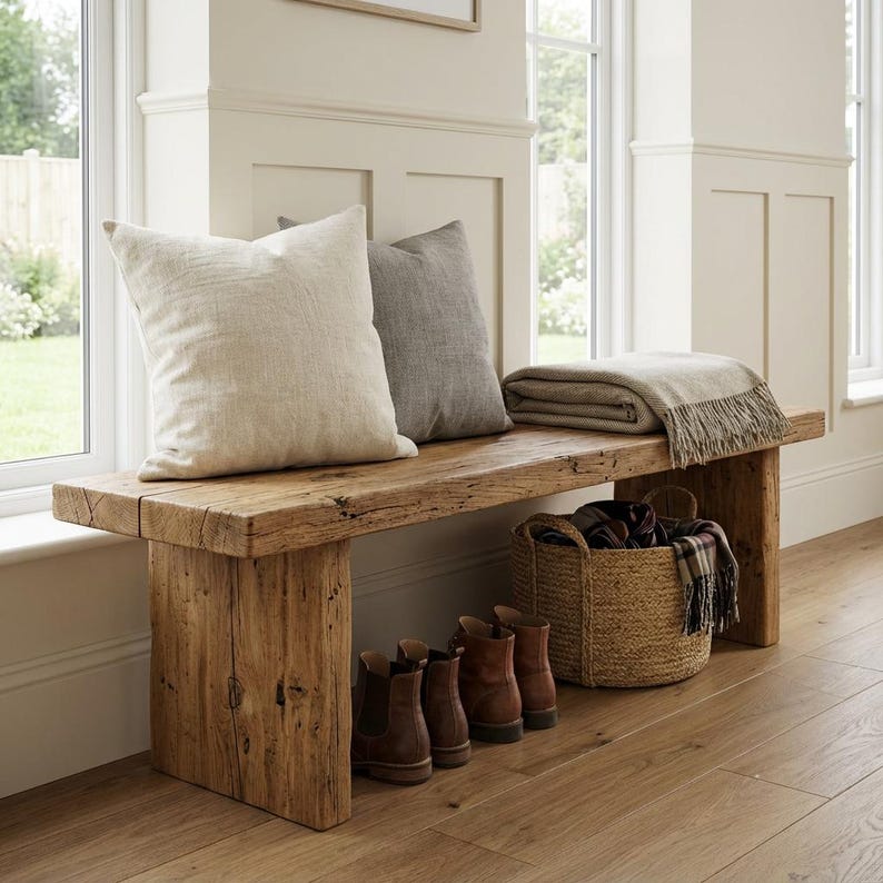Puede incluir: Un banco de madera r&uacute;stica con dos cojines, una manta, una cesta de mimbre y botas marrones. El banco est&aacute; frente a una ventana. El banco mide aproximadamente 150 cm de largo.