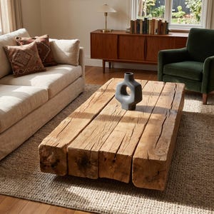 May include: A low-profile coffee table constructed from four thick, rectangular natural wood beams with visible grain and cracks. A matte dark gray ceramic vase with a central circular cutout sits on the center of the wooden surface.