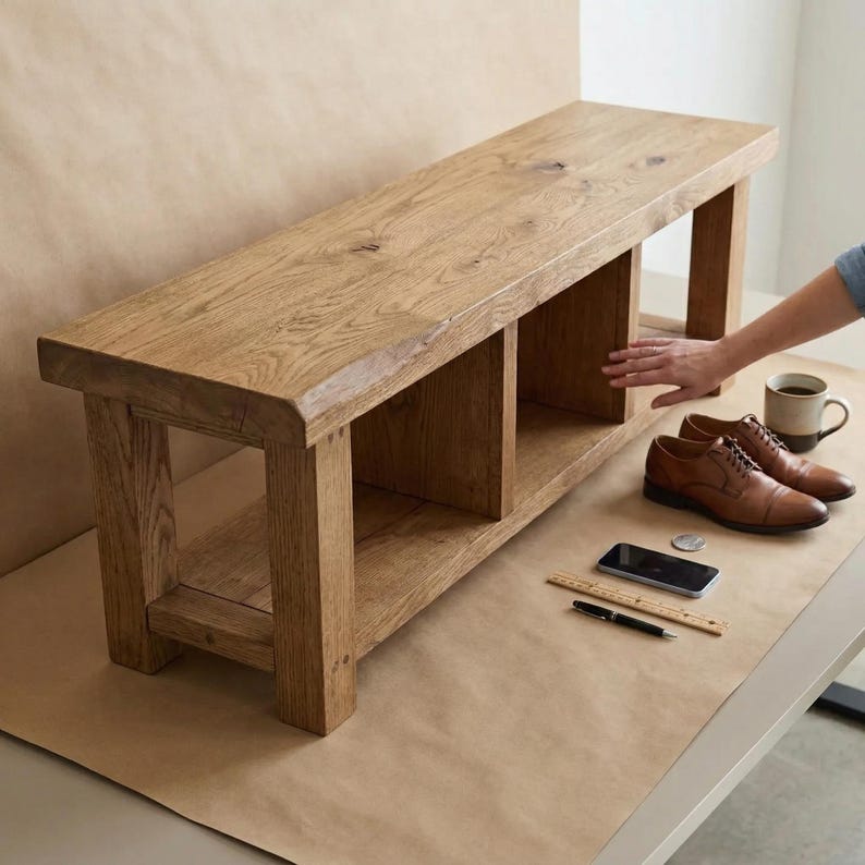Puede incluir: Banco de madera marr&oacute;n claro con dos compartimentos de almacenamiento abiertos. El banco es de madera maciza y tiene un acabado natural. Un par de zapatos de cuero marr&oacute;n, una taza, un tel&eacute;fono, un bol&iacute;grafo y una regla est&aacute;n sobre la superficie.