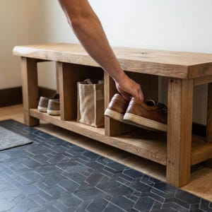Banc étagère à chaussures en bois rustique avec rangement - organisateur de chaussures dans l'entrée de la ferme - coin salon banc - banc en bout de lit dans le hall (taille personnalisée)
