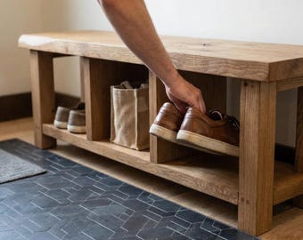 Banco zapatero rústico de madera con espacio de almacenamiento - Organizador de zapatos para recibidor estilo casa de campo - Banco para sentarse - Banco para el pie de la cama en el vestíbulo (tamaño personalizado)