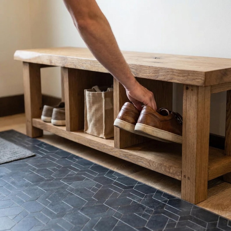 Banco zapatero rústico de madera con espacio de almacenamiento - Organizador de zapatos para recibidor estilo casa de campo - Banco para sentarse - Banco para el pie de la cama en el vestíbulo (tamaño personalizado) imagen 1