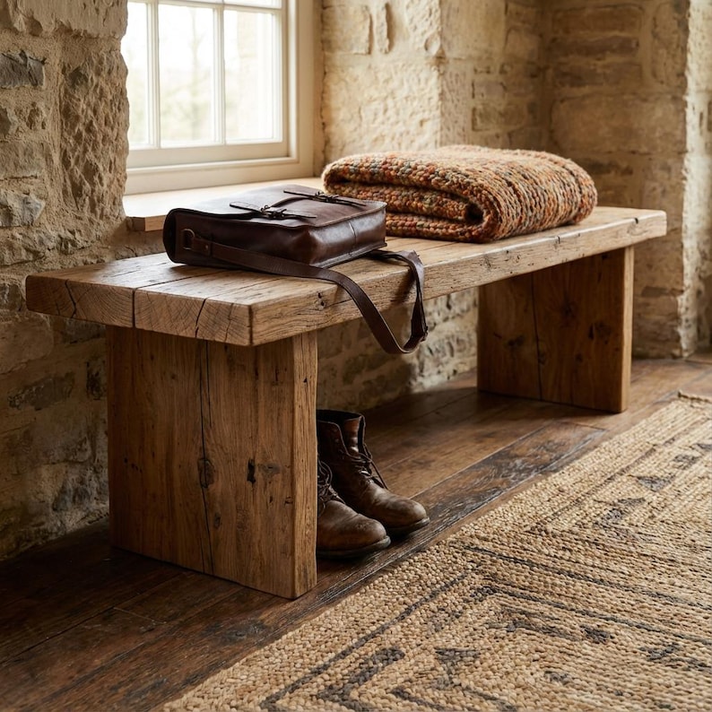 Puede incluir: Un banco de madera r&uacute;stico con una cartera de cuero marr&oacute;n y una manta doblada. El banco es de madera gruesa y envejecida con un acabado natural. Un par de botas de cuero marr&oacute;n est&aacute;n debajo del banco. Una alfombra tejida est&aacute; en el suelo.