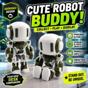 May include: Two small robot figures with white heads and olive green and white bodies. One robot stands upright while the other sits. The image includes text: CUTE ROBOT BUDDY! COLLECT PLAY DISPLAY, ADORABLE DESIGN, YOUR NEW DESK COMPANION!, STAND OUT. BE UNIQUE.