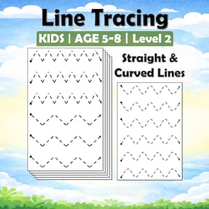 Może przedstawiać: Zestaw arkuszy edukacyjnych zatytułowanych Line Tracing KIDS | AGE 5-8 | Level 2. Strony zawierają czarne przerywane linie ze strzałkami do ćwiczeń, w tym wzory zygzakowate i faliste linie z napisem Straight & Curved Lines na tle nieba.