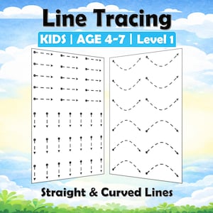 Könnte beinhalten: Ein Arbeitsblatt für Kinder im Alter von 4-7 Jahren mit dem Text "Line Tracing". Es zeigt gerade und gebogene Linien mit Pfeilen zum Nachzeichnen. Der Hintergrund ist ein blauer Himmel mit Wolken und grüner Wiese.