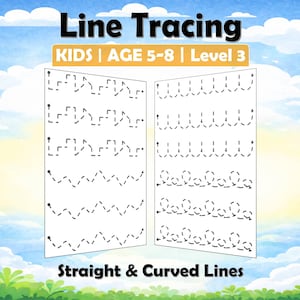 Peut inclure: Une feuille d'activité pour enfants avec le titre "Line Tracing" et "Straight & Curved Lines". Elle présente des lignes pointillées pour s'entraîner à tracer, conçue pour les enfants de 5 à 8 ans. Le fond est un ciel avec des nuages et de l'herbe verte.