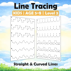 May include: An educational worksheet for children aged 5-8, with line tracing exercises. The title "Line Tracing" is at the top, and "Straight & Curved Lines" at the bottom. The background is a bright sky with clouds, suitable for early learning.