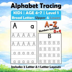 Op de afbeelding: Alfabet traceerwerkblad voor kinderen van 4-7 jaar. Met brede letters, hoofdletters en kleine letters en de cijfers 0-9. Bevat 2 letter- en 1 letter lay-outs. De achtergrond is een kleurrijke lucht en gras.
