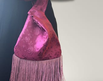 Pink Satin Purse, Burgundy Floral Purse, Satin Fringe Purse, Floral Jacquard Knot Bag, Fringe Purse, Bridesmaid Purse