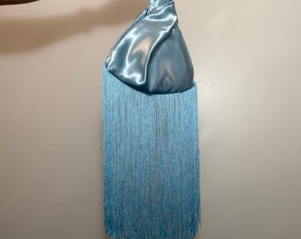 Blue Satin Purse, Satin Fringe Purse, Fringe Purse, Knot Bag with Fringe, Top Knot Bridal Purse, Bridal Purse, Bridesmaid Purse