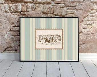 Vintage Cowboy Rodeo Poster | Western Stripe Wall Art | Stamp Print | Cowboy Wall Art | Retro Decor | Blue and Brown Striped Art
