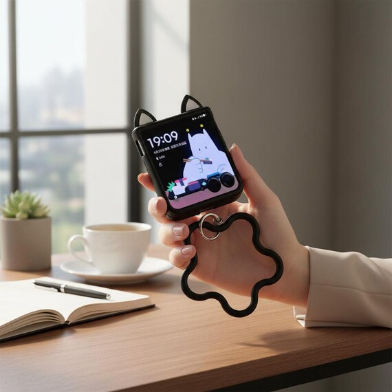 3D Bear Ears Brown Phone Case with Wrist Strap, Shockproof Cover for Samsung Galaxy Z Flip 5, Z Flip 6, Z Flip 7 FE