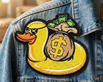 Lucky Yellow Duck Embroidered Patch, Cute Duck Waiting for Money Bag Iron On Sew On Applique, Funny Fortune Badge Gift