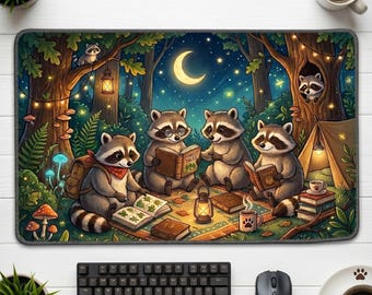 Raccoon Book Club Desk Mat, Cozy Woodland Forest Workspace Decor