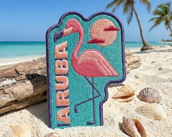 Aruba Flamingo Embroidered Patch, Tropical Beach Souvenir Badge (Iron On Sew On)