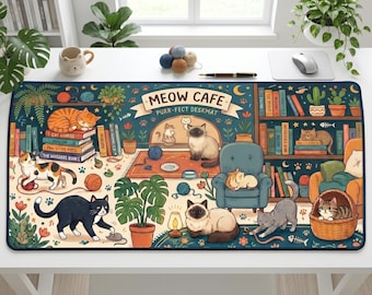 Meow Cafe Desk Mat, Cat Lover Workspace Decor, Kitten Mouse Pad