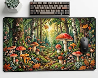 Enchanted Forest Mushroom Desk Mat, Goblincore Mouse Pad, Woodland Nature Workspace Decor