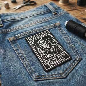 May include: A black and white patch with the words "HYDRATE" and "OUTLIVE YOUR ENEMIES" and a grim reaper design is sewn onto the back pocket of a pair of blue jeans. The patch is rectangular with a white border.