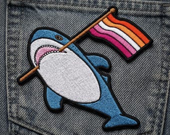 Embroidered Shark Patch, Rainbow Pride Flag, Iron On Sew On Applique, Kawaii Ocean Badge