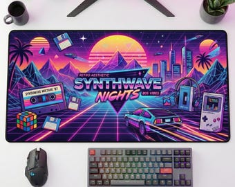 Retro Synthwave Desk Mat, Neon Vaporwave Mouse Pad, 80s Arcade Gaming Deskpad