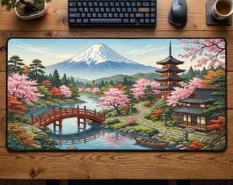 Mount Fuji Desk Mat, Japanese Cherry Blossom Mouse Pad, Sakura Landscape Deskpad, Traditional Japan Workspace Decor, Zen Garden Accessory