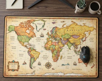 Vintage World Map Desk Mat, Antique Cartography Mouse Pad, Dark Academia Office Decor