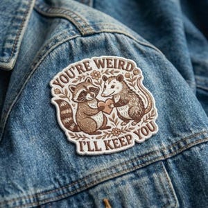 May include: Embroidered patch featuring a raccoon and opossum holding a heart, with the text "YOU'RE WEIRD I'LL KEEP YOU" in a circular design. The patch is in shades of brown, beige, and cream, with floral accents. The patch is on a denim jacket.
