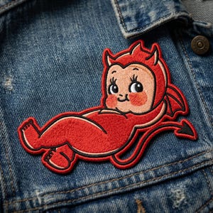 May include: Embroidered patch featuring a cartoon devil baby in red with black outlines, including horns, wings, and a tail. The patch is sewn onto a denim jacket, showcasing the design's placement and style.