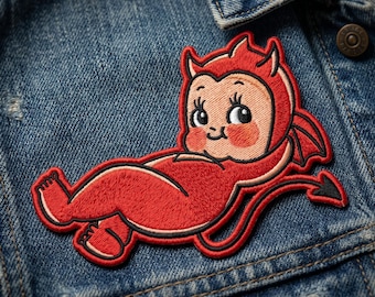 Embroidered Devil Child Patch, Funny Demon Kid Iron On Applique, Kawaii Spooky Badge