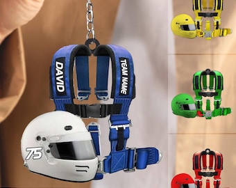 Personalized Racing Helmet Seatbelt Keychain, Custom Motorsport Charm, Car Fan Accessory