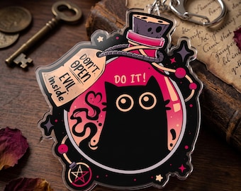 Evil Black Cat Potion Keychain, Spooky Gothic Cat Charm, Dark Meme Bag Accessory