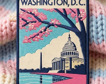 Washington D.C. Cherry Blossoms Embroidered Patch, Vintage Travel Iron On Sew On Applique, Floral Souvenir Badge Gift