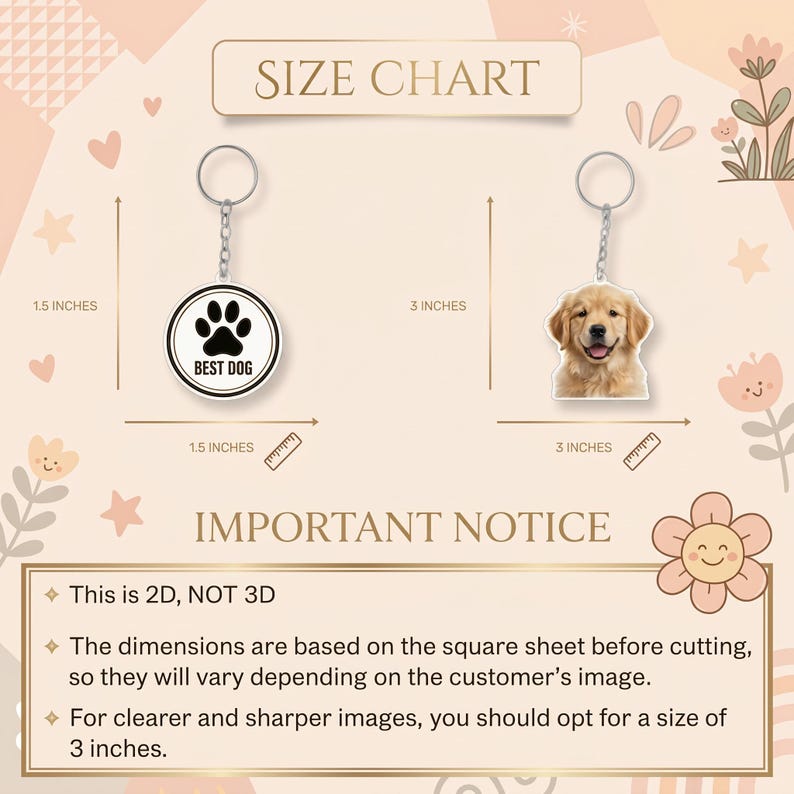 Puede incluir: Una tabla de tallas para llaveros. Un llavero tiene un dise&ntilde;o de huella de pata y el texto "BEST DOG". El otro llavero presenta un Golden Retriever. La tabla de tallas indica dimensiones de 3,8 cm y 7,6 cm.