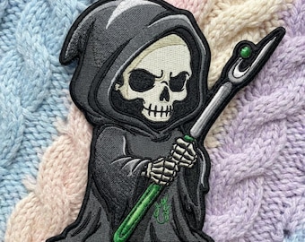 Parche bordado de la Parca Destripadora, aplique divertido de esqueleto de la muerte para planchar o coser, insignia de terror gótico.