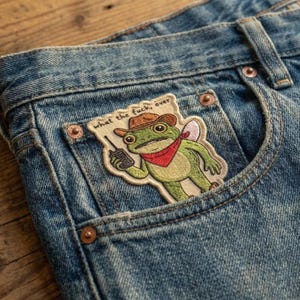 May include: Blue denim jeans with a patch featuring a green frog wearing a cowboy hat and red bandana, holding a walkie-talkie. The patch has the text "what the fuck, over".
