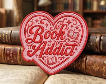 Book Addict Heart Patch, Pink Embroidered Iron-On Applique