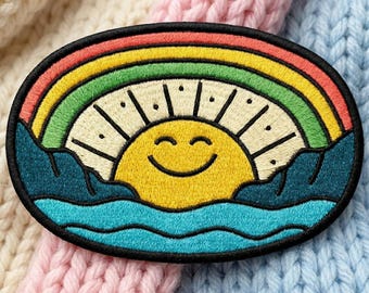 Happy Sun Embroidered Patch, Cute Smiling Sunshine Iron On Sew On Applique, Kawaii Celestial Badge Gift