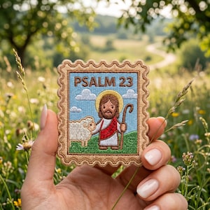 May include: Embroidered patch featuring a cartoon depiction of Jesus with a sheep, staff, and the text "Psalm 23." The patch has a light blue background with white clouds and a tan border. The image is set against a blurred outdoor background.